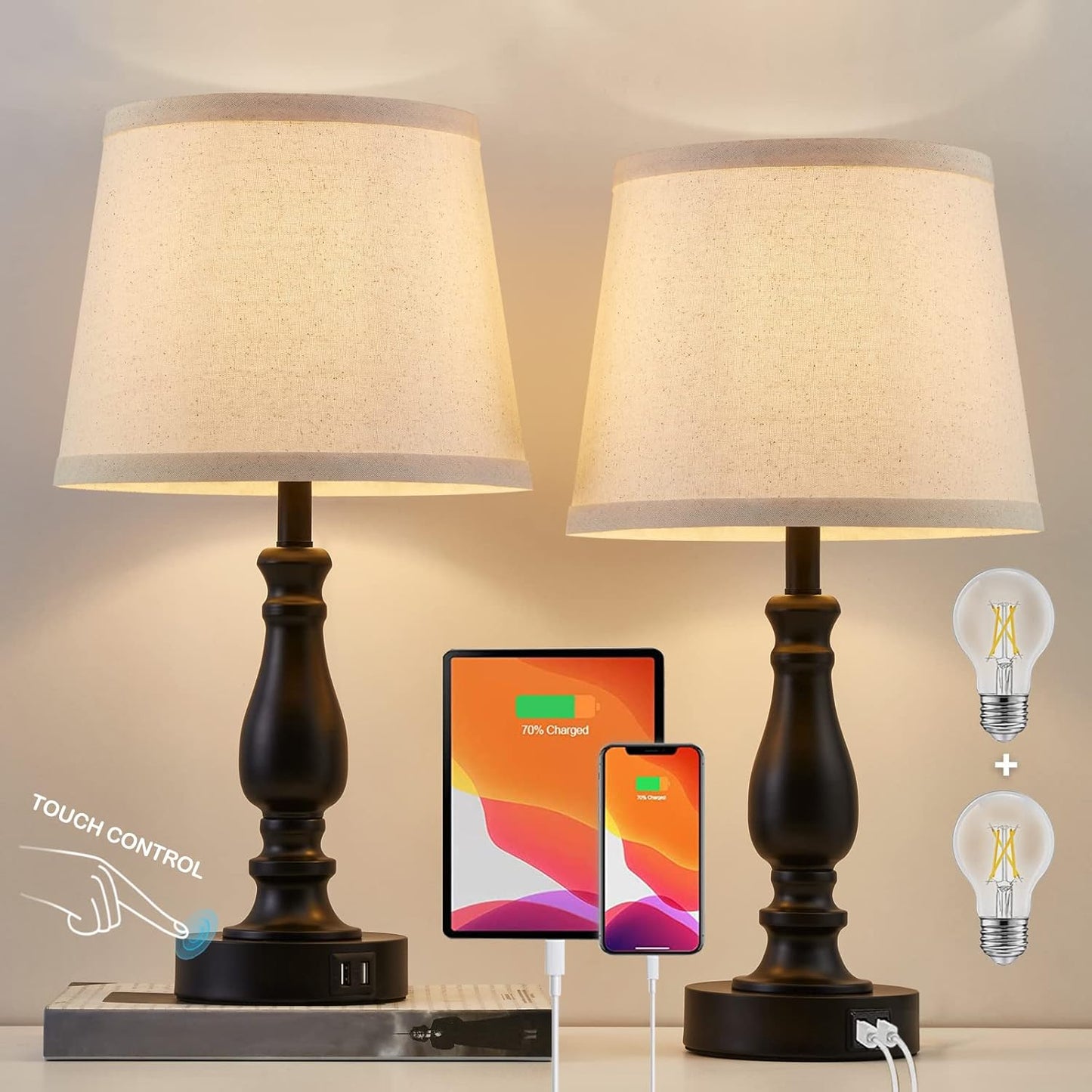 Touch Bedside Table Lamps Set of 2 with USB C+A Ports - 3-Way Dimmable Linen Shade