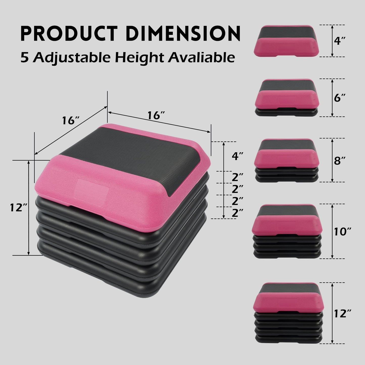 Fitvids 16''x 16'' Adjustable High Step Aerobic Step Platform with 4 Stackable Risers, Workout Step Platform for Exercise at Home, Stepper with Non-Slip Surface for Fitness Training, Cardio Strength, Pink