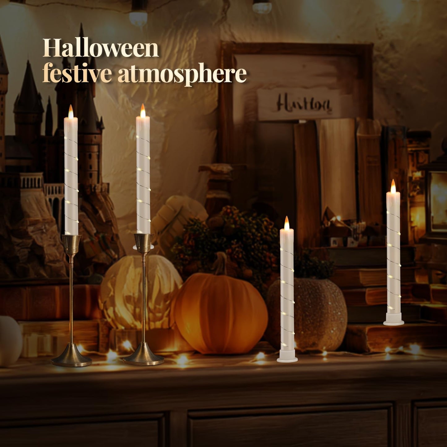 Rlojru 3pcs Flameless Taper Candle with Remote, Battery Powered, Timer, 3 Ivory ABS Candlesticks, 11 Mini Surround String Lights, 9.4 Inch LED Candles, Halloween Christmas Home Decor