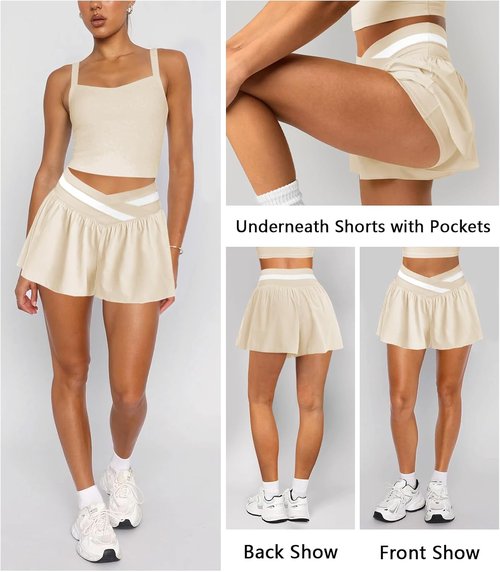 Hragc Women's High-Waisted 2-in-1 Running Shorts - Flowy Butterfly Design with Pockets