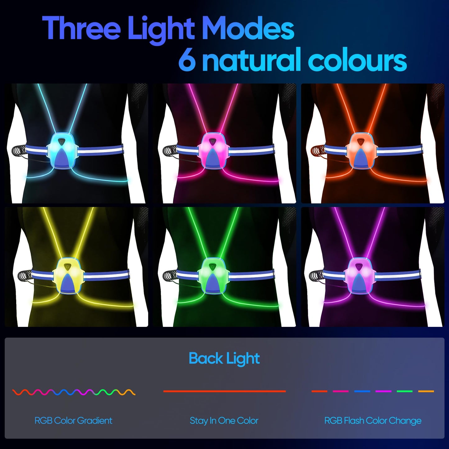 QiMH Led Reflective Vest Lights, Runners Lights with Front Light Safety USB Rechargeable Reflective Night Lights for Men Women Running Walking Cycling, 3 Lighting Modes, 7 Colors