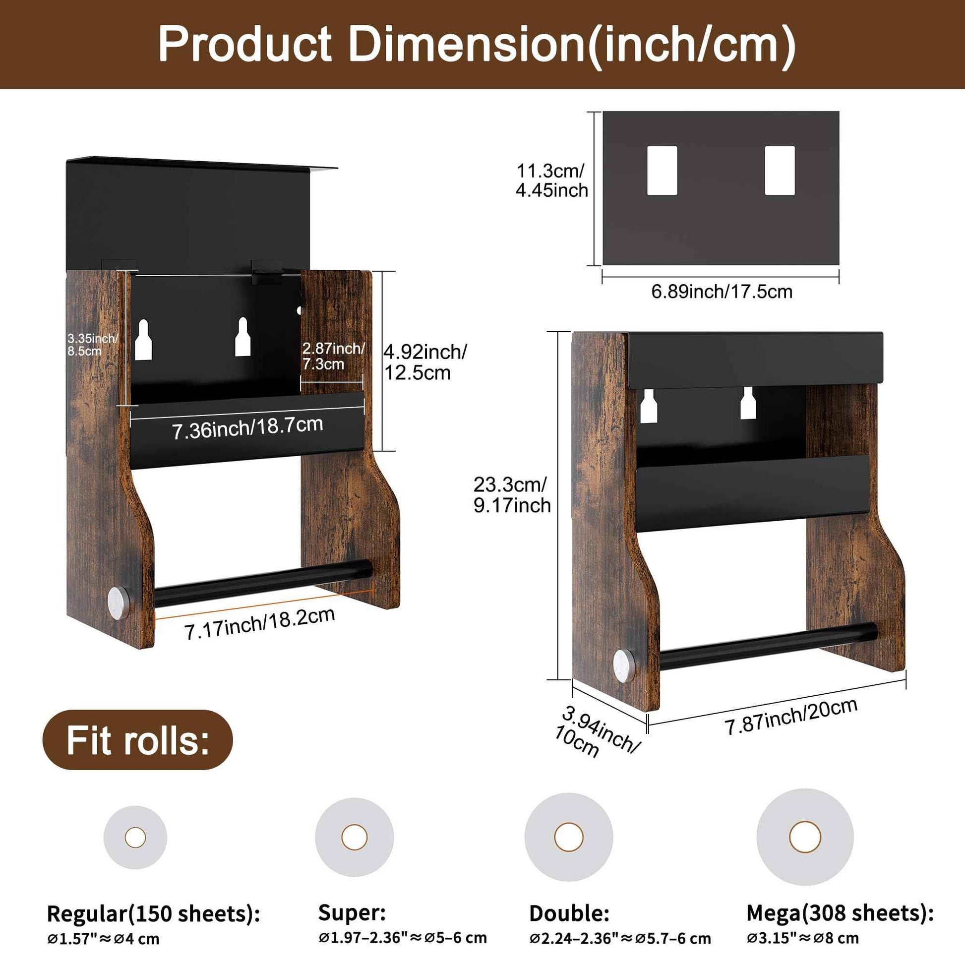 TQVAI Toilet Paper Roll Holder Wall Mounted Self Adhesive No Drill Magnetic Toilet Paper Storage with Wipes Holder for Bathroom, Restroom, Kitchen, Regular Super Double Mega Roll - Vintage/Black