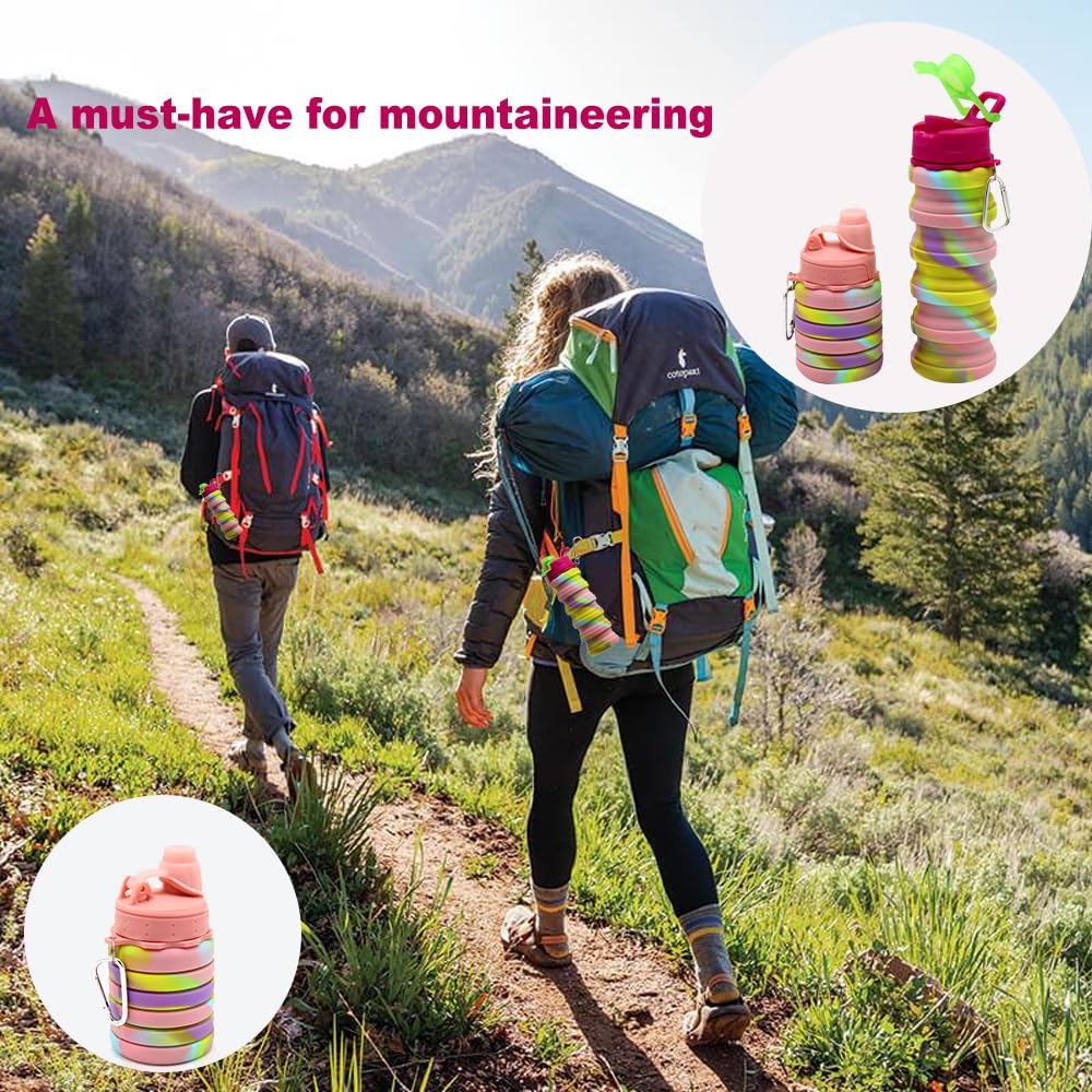 WATMHHJQ Silicone Collapsible Water Bottles, 16oz 500ml Portable Foldable Expandable Water Bottle Sports Cups, Leak Proof Reusable BPA Free, for Outdoor Activities Travel(Pink-B)