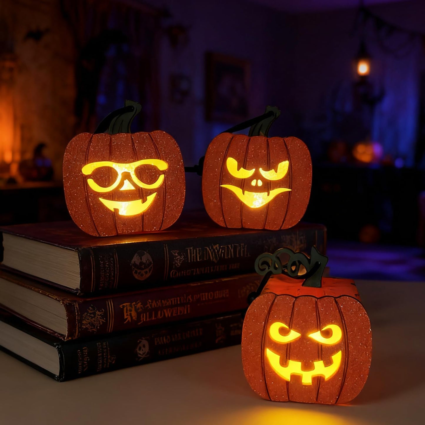Schreckify Halloween Decorations Indoor 3PCS,Light Up Pumpkin Halloween Wooden Table Centerpieces Sign for Mantel Office Tabletop Tiered Tray
