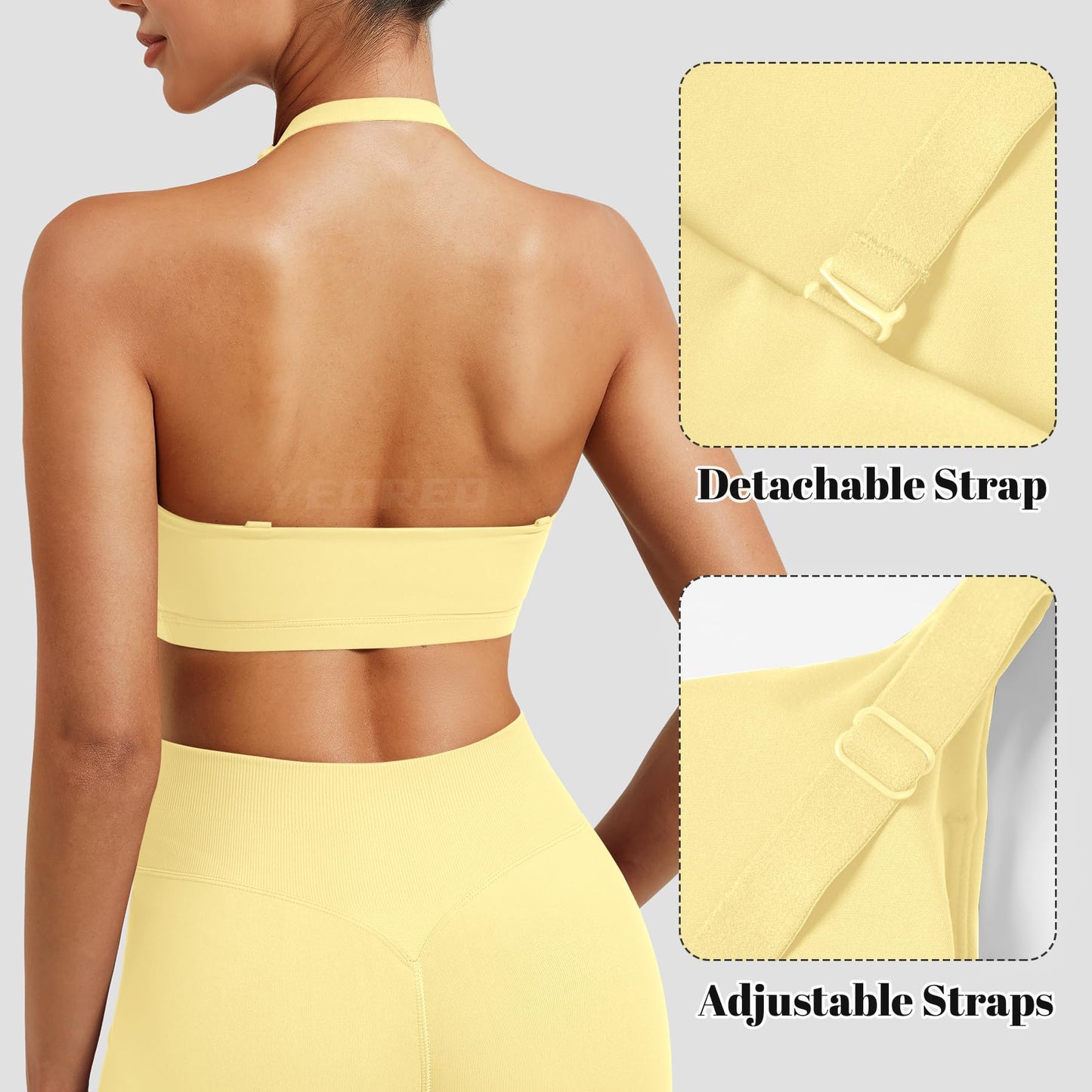 YEOREO Sports Bras for Women Micaela Open Back Workout Gym Bra Padded Medium Impact Yoga Tops with Ajustable Back Straps Milk Yellow M