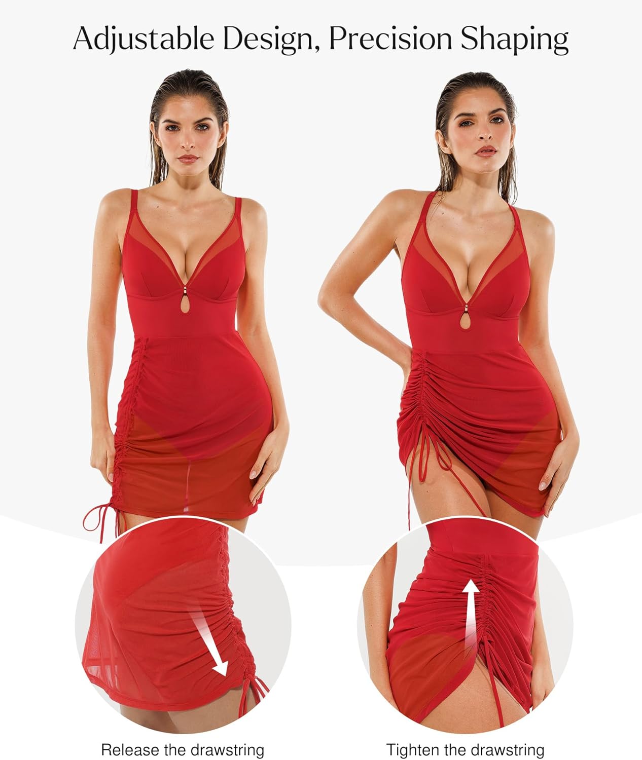 Popilush One-Piece Swim Dress for Women - Tummy Control & Slimming Mesh Sarong Wraps