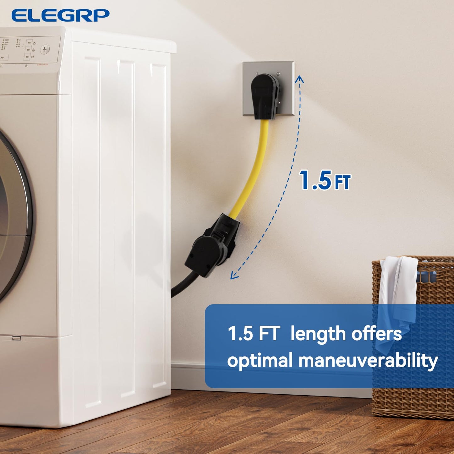 ELEGRP 1.5FT Dryer Adapter Cord, NEMA 14-30P to 10-30R, 4 Prong New House to 3 Prong Old Dryer, 30 Amp/250V/7500W, Heavy Duty 10-AWG STW, 180° Rotating Plug, UL Standard Compliant