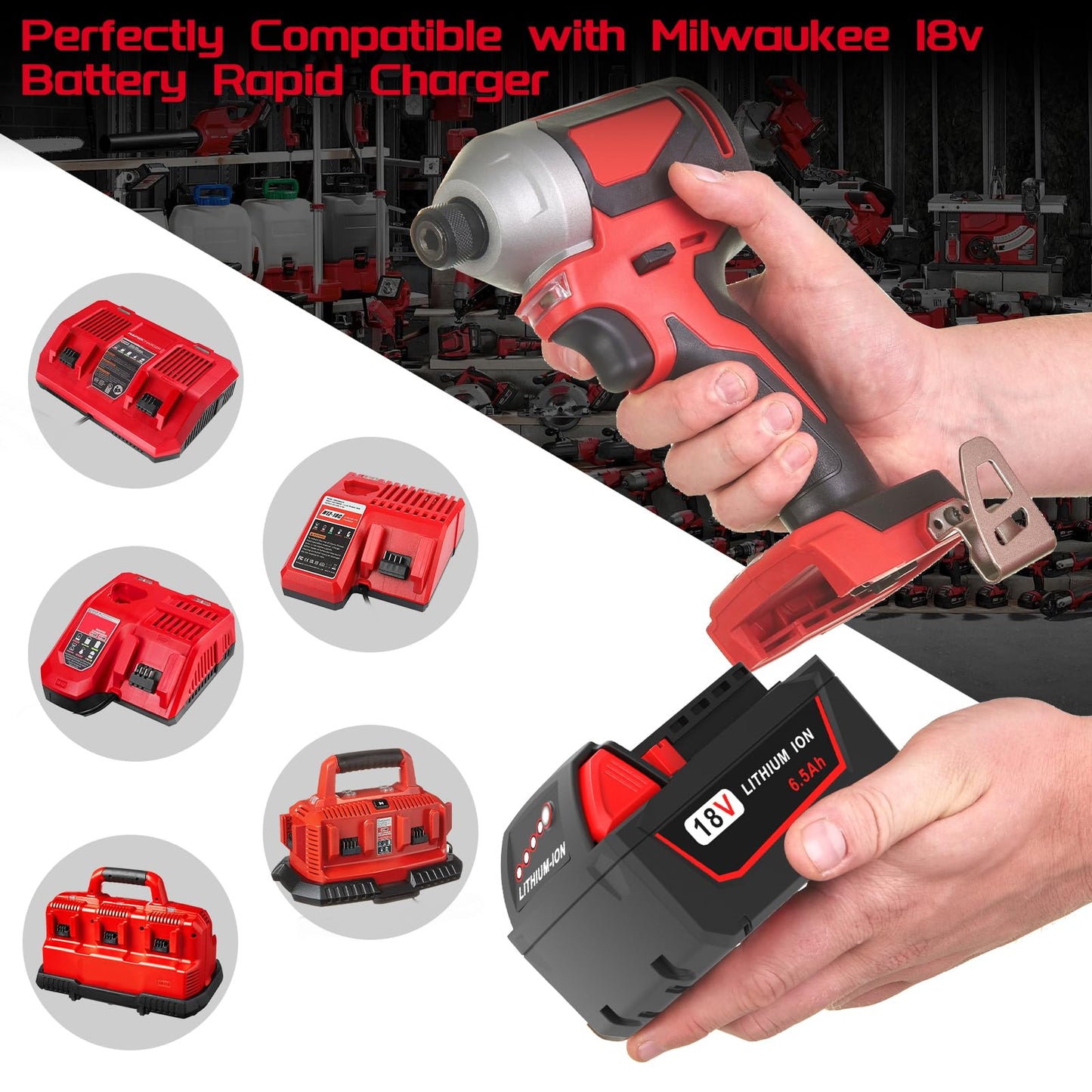 Worthmah 2 Pack 6.5Ah 18V Batteries Replace for Milwaukee M18 Battery Lithium lon 48-11-1860 48-11-1850, Compatible with m18 Milwaukee Battery Charger and 18 Volt Cordless Power Tools