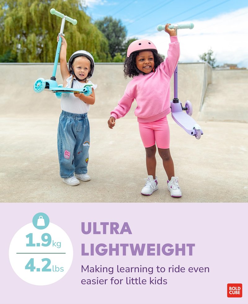 BOLDCUBE Teeny | 3 Wheel Scooter for Kids & Toddlers Ages 3-6 Years | Flashing Wheels | Height Adjustable 53 to 70 cm | My First Scooter