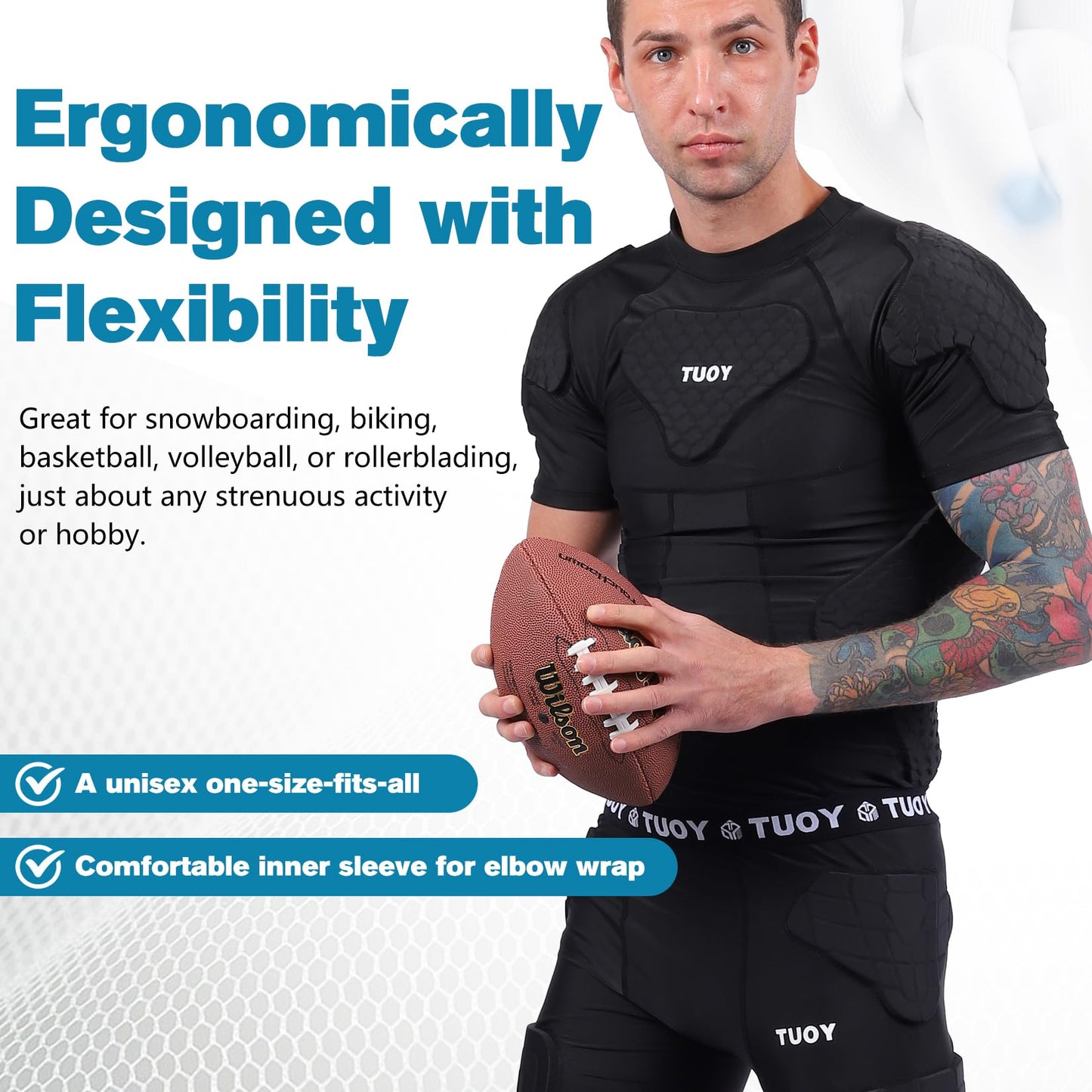 TIAXU TIAXU Men's Padded Shirt Football Chest Rib Protector Heart Sternum Guard Compression Shirt with Shoulder Back Rib Pads for Adult Football Basketball Baseball Softball Rugby