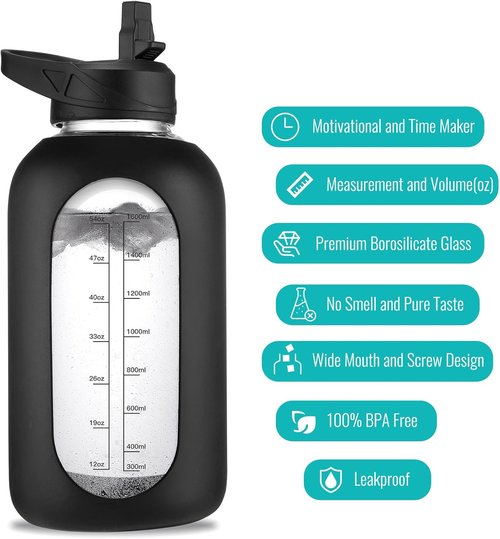 EALGRO 64 oz Glass Water Bottle - Motivational Sports Jug with Straw & Handle | Sage Color, Time Marker