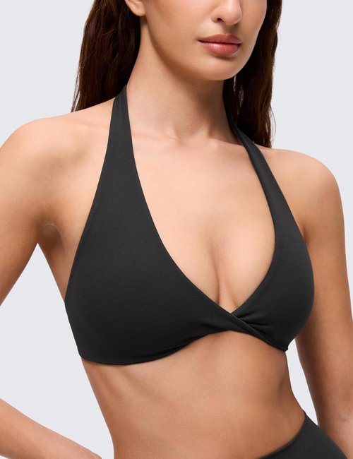 CRZ YOGA Butterluxe Sports Bra - Double Lined Deep V Neck Crop Top with Open Back, Non-Padded