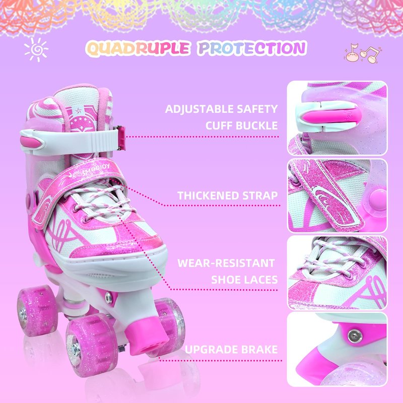 Kids Roller Skates for Girls Boys with Glitter Details-SMOOJOY Outdoor Musical Design Roller Skates with Light Up Wheels, Adjustable Rollerskates for Kids Ages 3-12 Birthday Gift patines para niñas