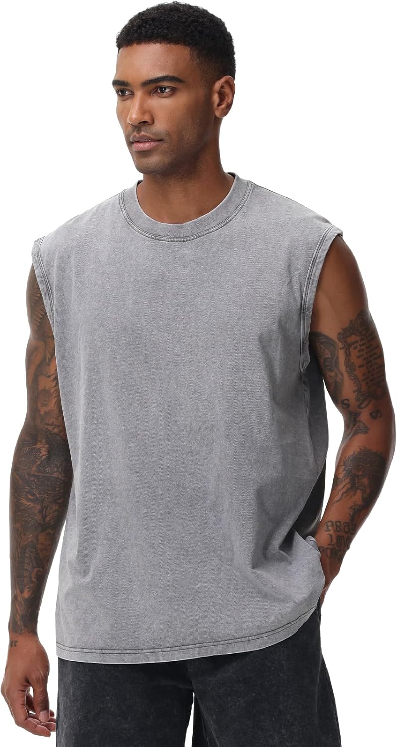 Skiennix Men's Sleeveless Workout Tank Top - Acid Wash Muscle Tee for Gym & Beach | Loose Fit