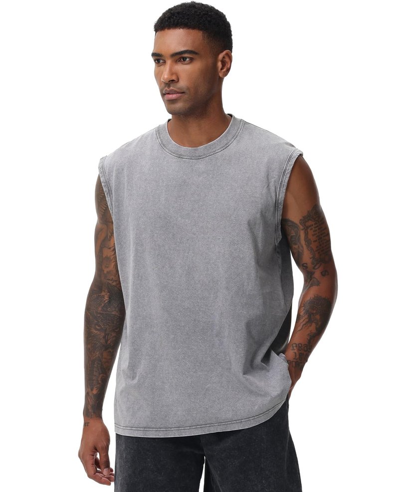 SnowElve 3 Pack Mens Workout Tank Tops Sleeveless Tee Shirts Men Muscle Shirt Gym Acid Wash T Shirts Running Beach Loose Fit Tee(ACGYBK,2XL)