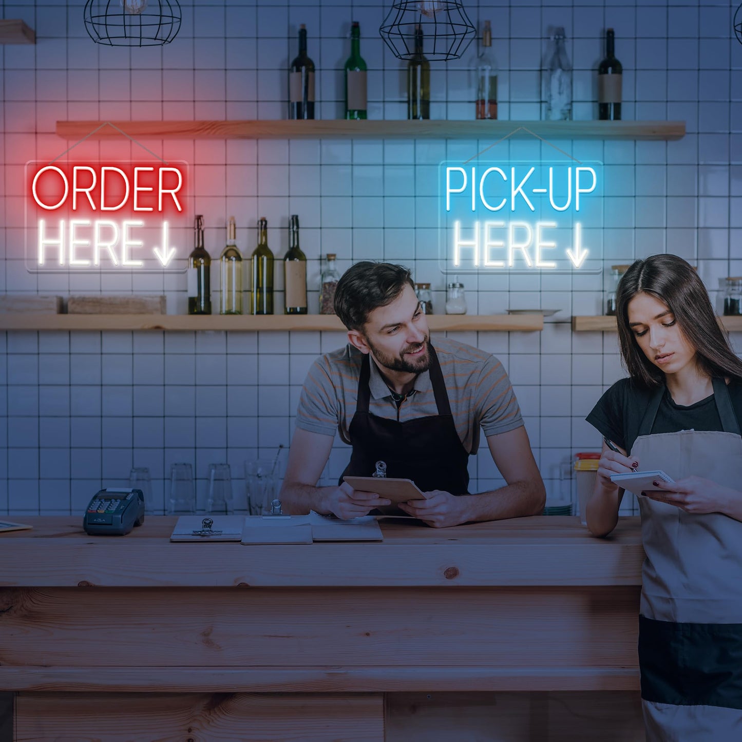 2 Pack Order Here Sign and Pick up Here Sign Led light neon light order here pick up here signs for food truck signs shop signs restaurant sign perfect pick up sign shop neon sign pick up (Red, Ice Blue, and White, 12x8")