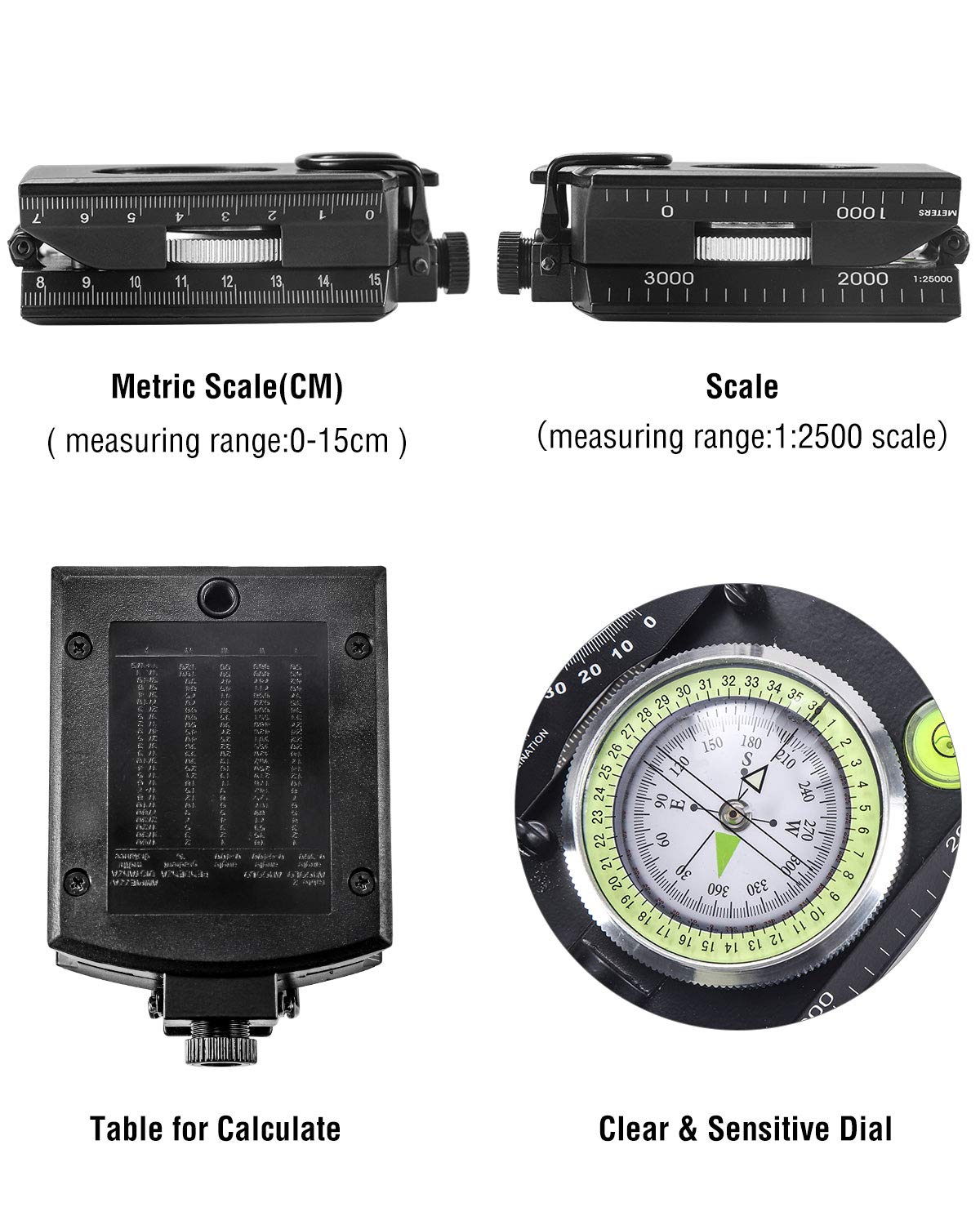 Eyeskey Multifunctional Military Metal Sighting Navigation Compass with Inclinometer | Impact Resistant & Waterproof Compass for Hiking, Camping, Boy Scout (Black)