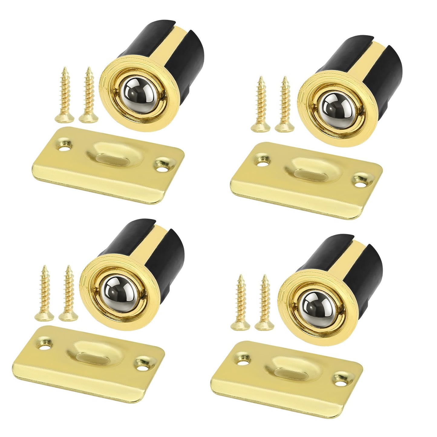 HOMOTEK 4 Pack Drive in Ball Catch with Strike Plate for Closet Doors, Bright Brass, 13/16 Inch x 1-1/8 Inchs,Die-cast, Adjustable Tension Ball