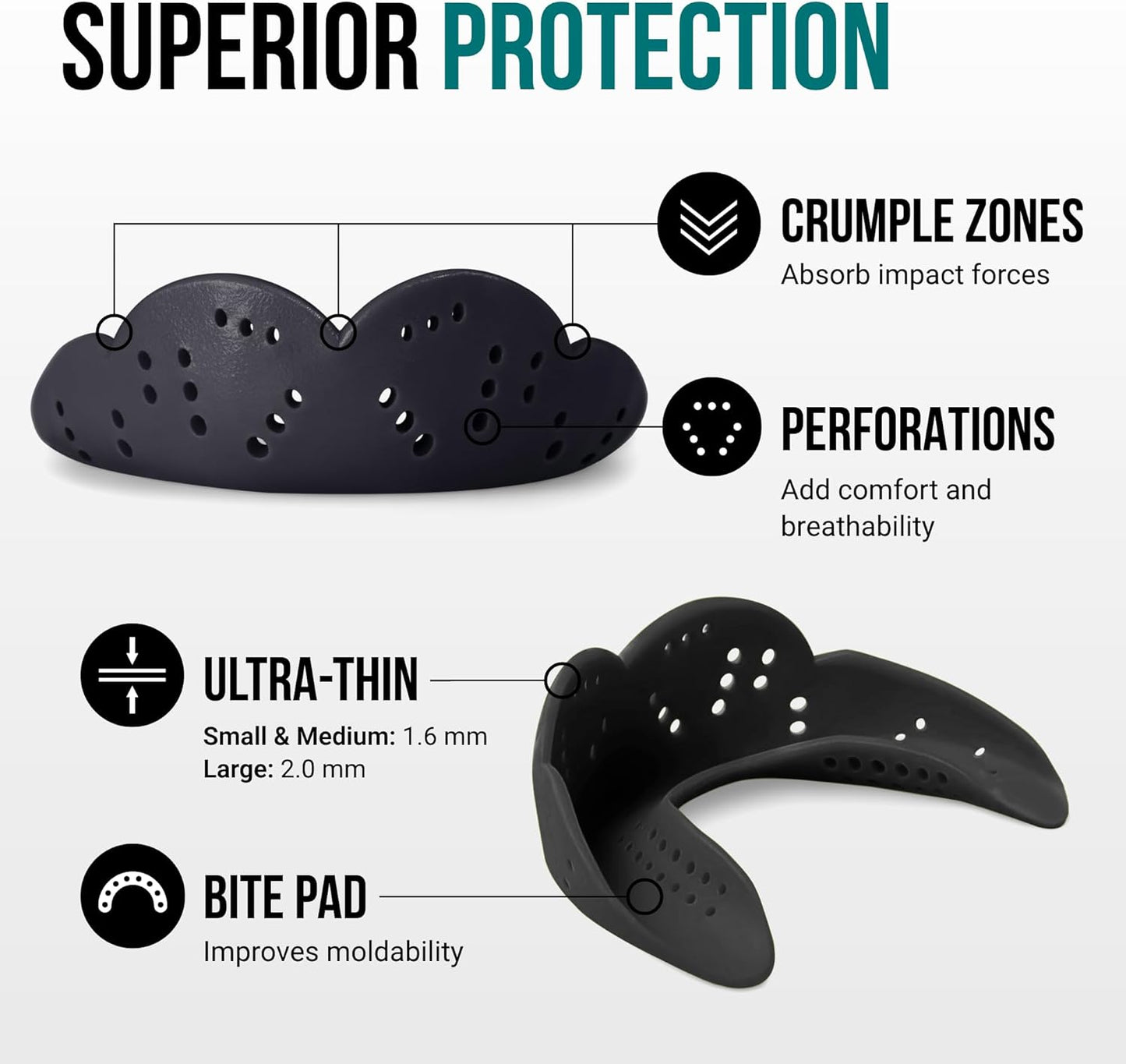 SISU Aero Large Mouthguard | Charcoal Black - 30% Stronger Protection for Team Sports - Remoldable & Ultra Slim