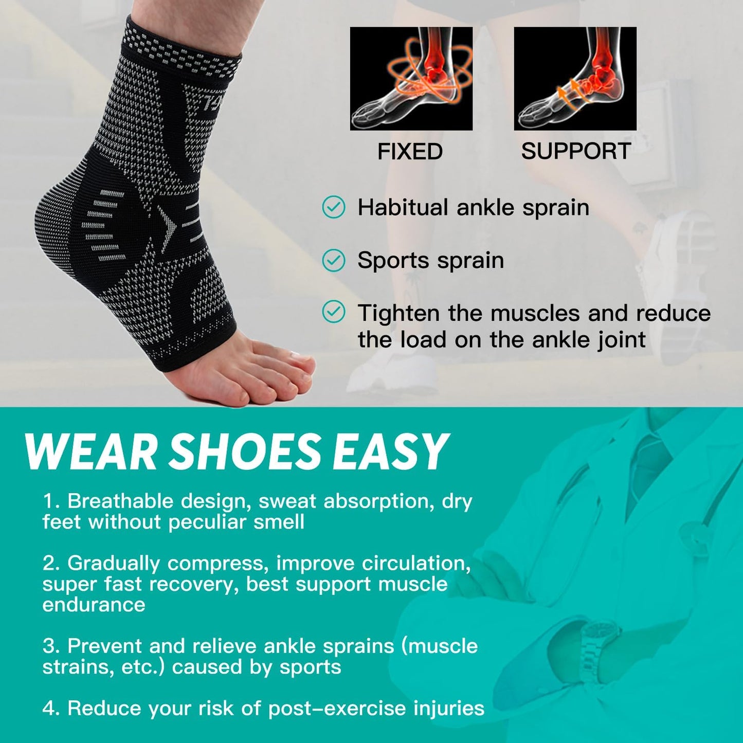 INDEEMAX Copper Ankle Brace Ankle Compression Sleeve Support Ankle Brace for Women & Men, Achilles Tendonitis Brace, Plantar Fasciitis, Sports, Silver Black, L