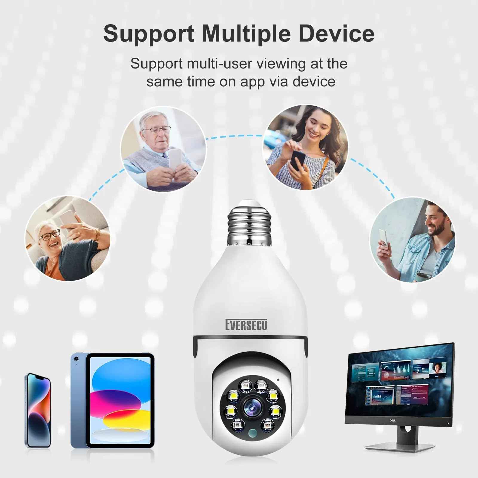 EVERSECU HD 1080P Wireless Light Bulb Security Camera, 2.4g & 5g WiFi, Motion Auto Tracking, 2 Way Audio, Smart Night Vision, Support ONVIF & RTSP, Work with Alexa, SD Card & Cloud Storage, Free App