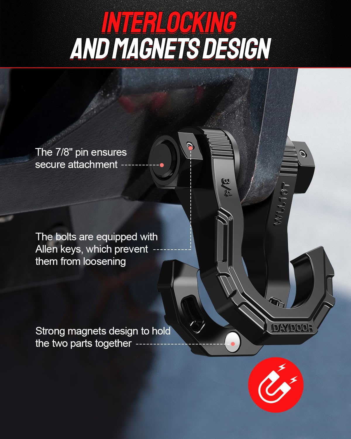 DAYDOOR D Ring Shackles with Snatch Block, 45,000Lbs Break Strength Towing Winch Shackle, 3/4" Heavy Duty Shackles with 7/8" Screw Pin for Off Road Vehicle Recovery(2 Pack, Black)