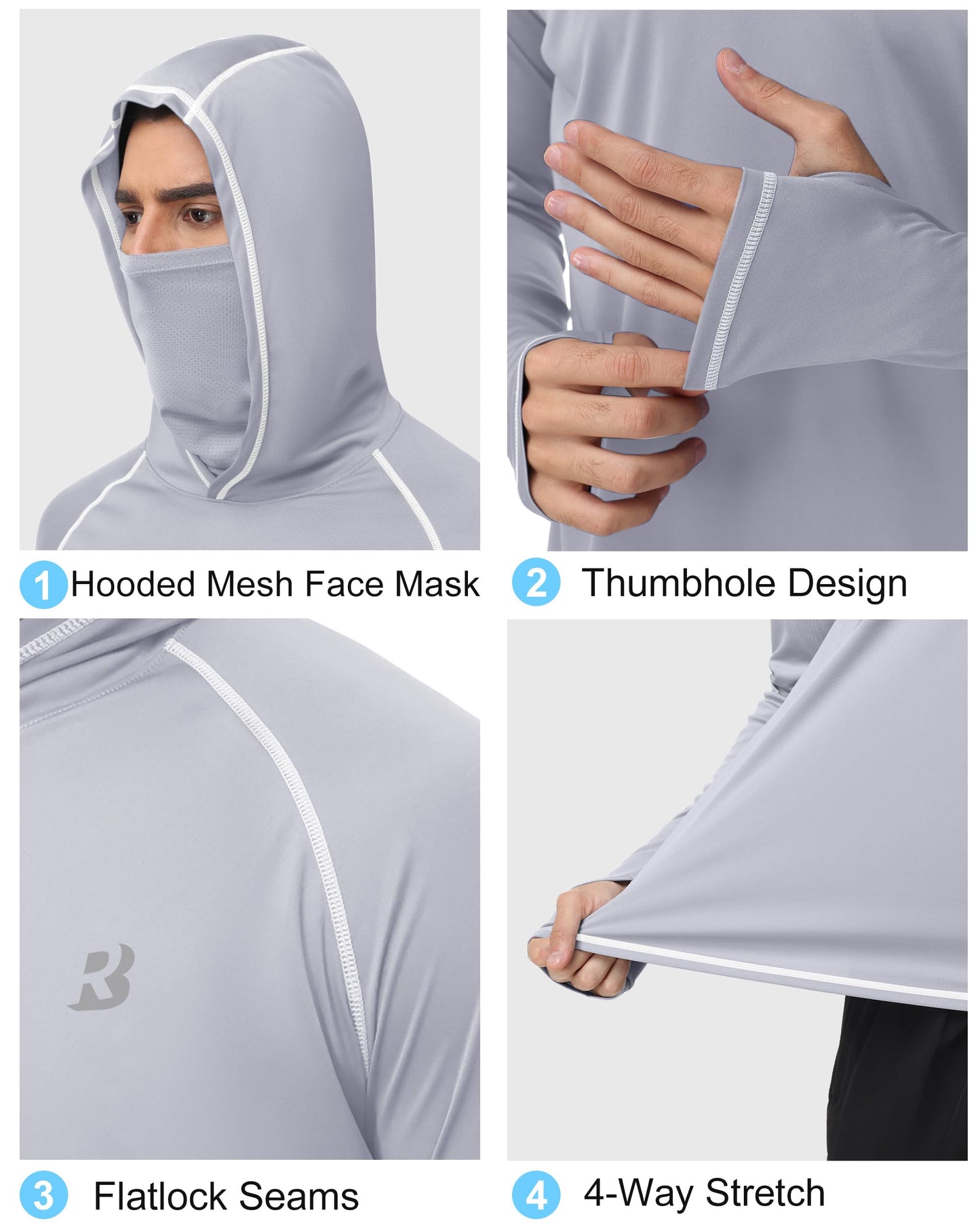 Roadbox UPF 50+ Fishing Shirts for Men, Long Sleeve UV Sun Hoodie with Mask, Outdoor Swim Hiking Running Workout Rash Guard Light Gray