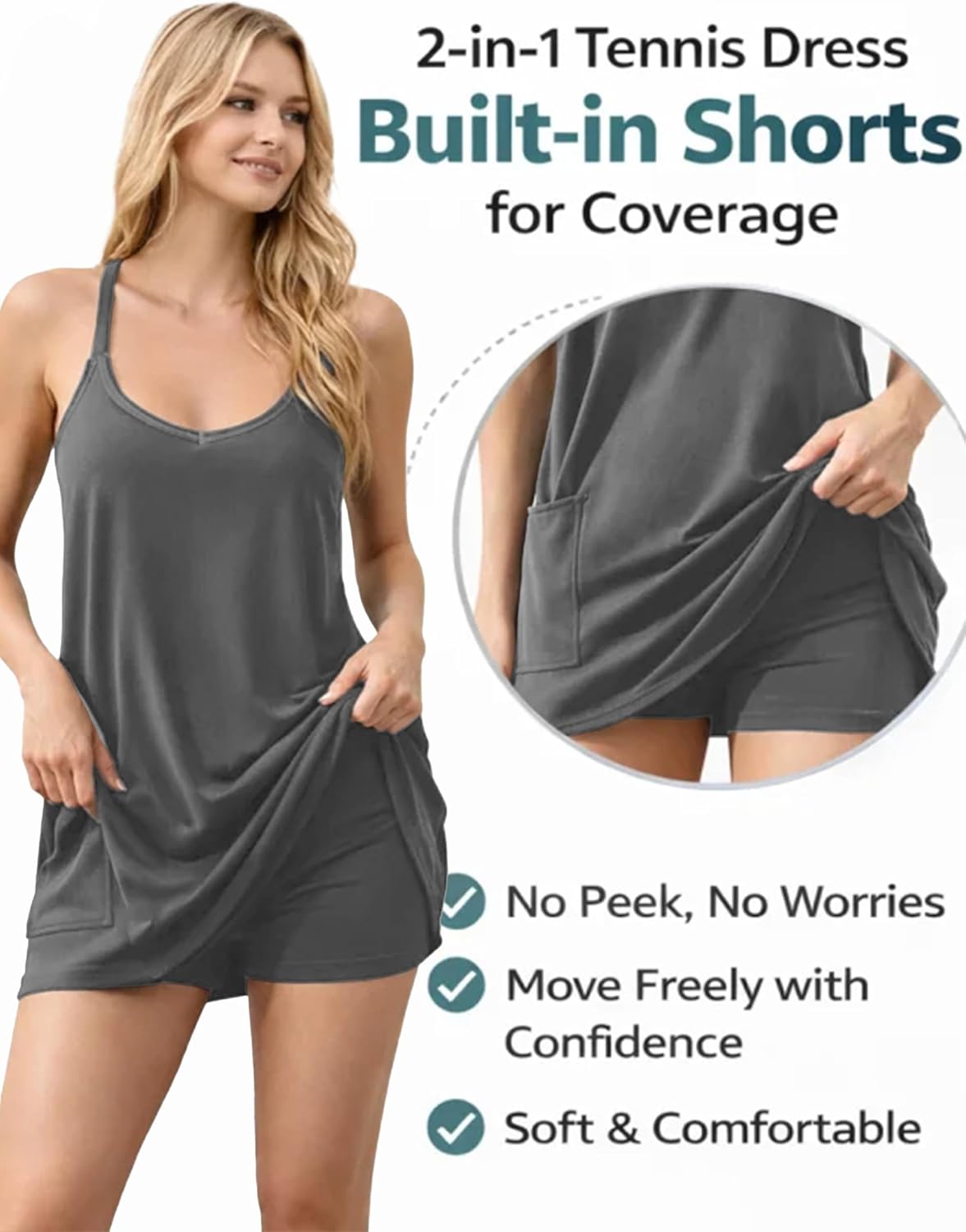 Skiennix Women's Summer Mini Dress - Sleeveless Spaghetti Strap Sundress with Built-In Shorts | Athletic Golf Style
