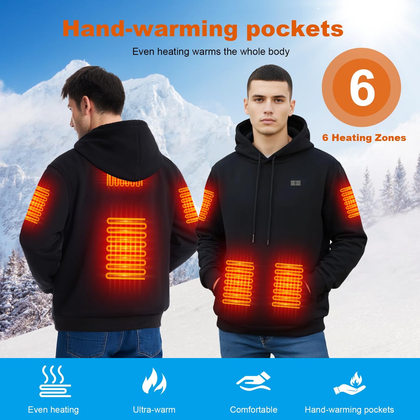 Brimekey Pullover Heated Hoodie for Men Women with 7.4V 20000mAh Battery Pack, Fleece Lining Unisex Heated Sweatshirt, 6 Heating Zones & 3 Temperature Settings Winter Outdoor Electric Hoodies Black