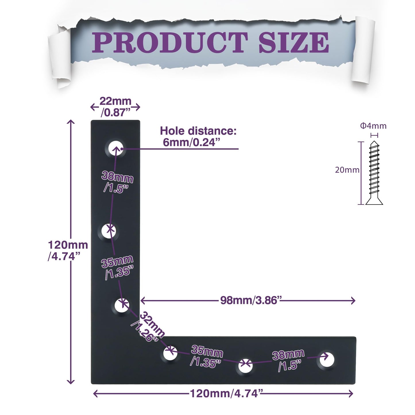 Alise Flat L Brackets for Wood,Black Flat Corner Brace Corner Brackets for Wood Frame Tables Chairs Sofas Beds Cabinets Doors and Windows,4.8x4.8'' Stainless Steel Mending Plates,Pack of 4