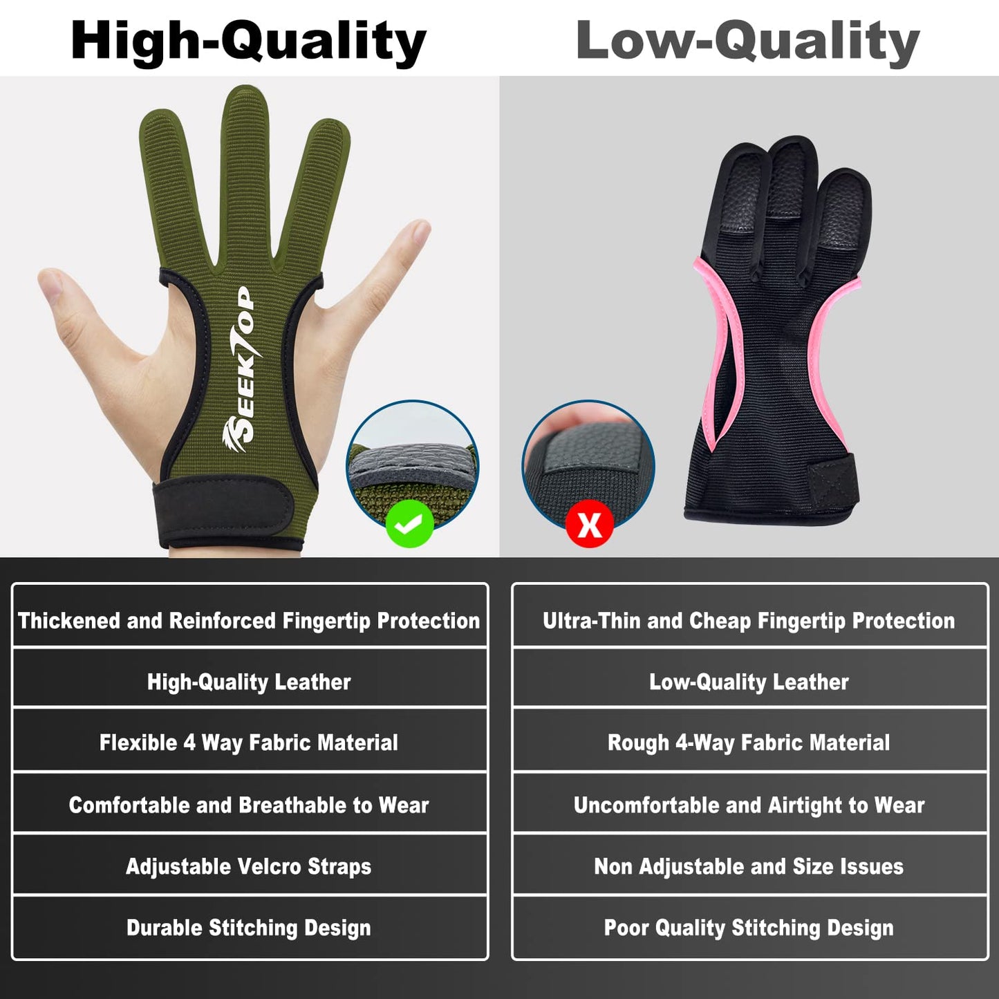 Seektop Archery Gloves Shooting Hunting Leather Three Finger Protector for Youth Adult Beginner (Green, L)