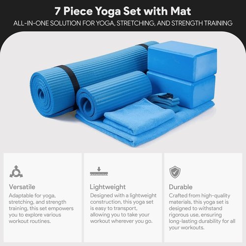 BalanceFrom 7-Piece Yoga Set - Extra Thick 71x24x0.5 Inches Mat with Sling, Blocks, Strap, Towels & Knee Pad