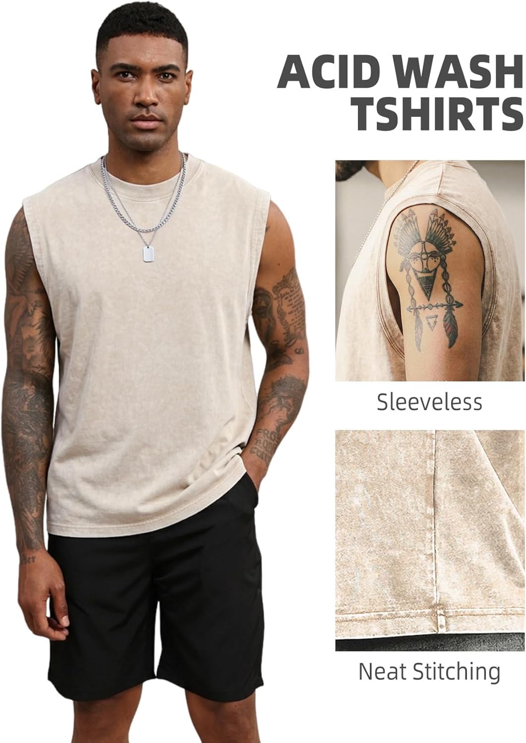 Arssm Sleeveless Tank Tops for Men - Cotton Acid Wash Muscle Tees for Workout & Running
