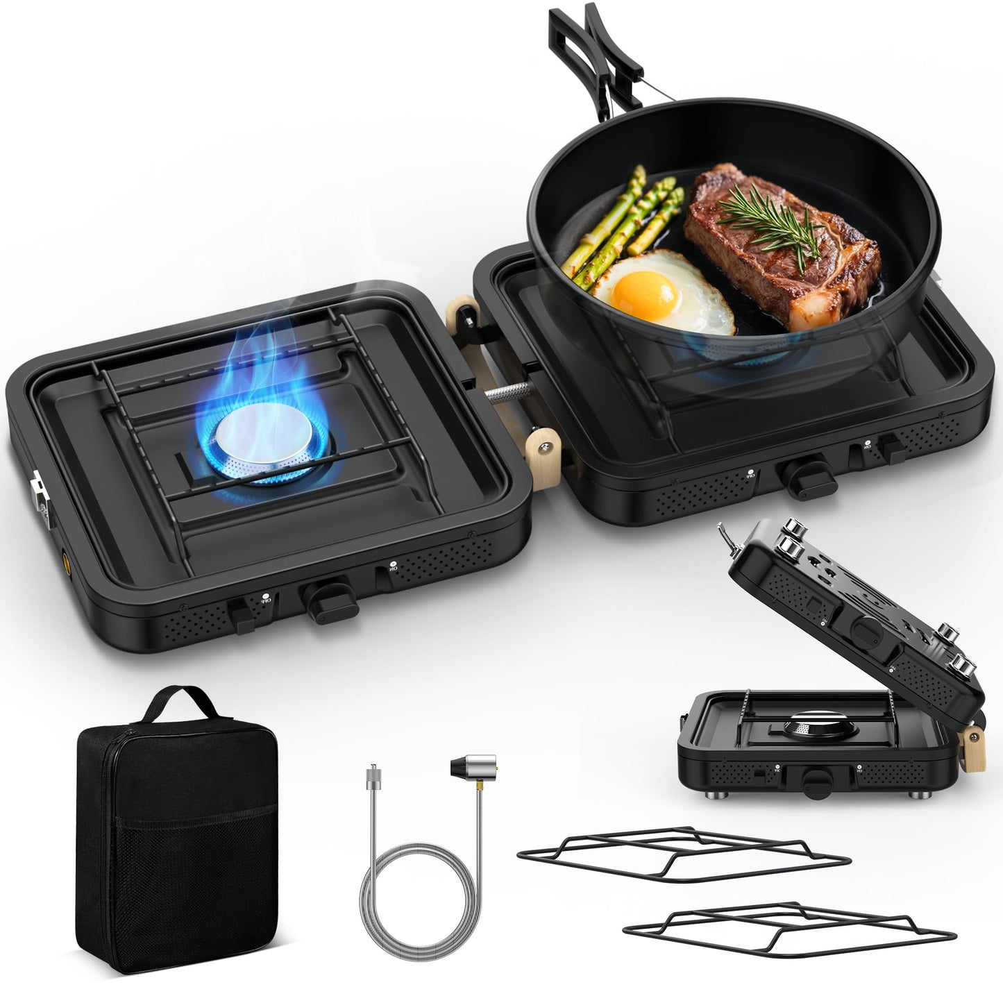 Camping Propane Stove 2 Burner 20000 BTU, Portable Folding Propane Stove with Carrying Bag, Adjustable High Heat Burners & Piezo Push-Button Instant Ignition,Outdoor Tailgating BBQ Camping Essentials