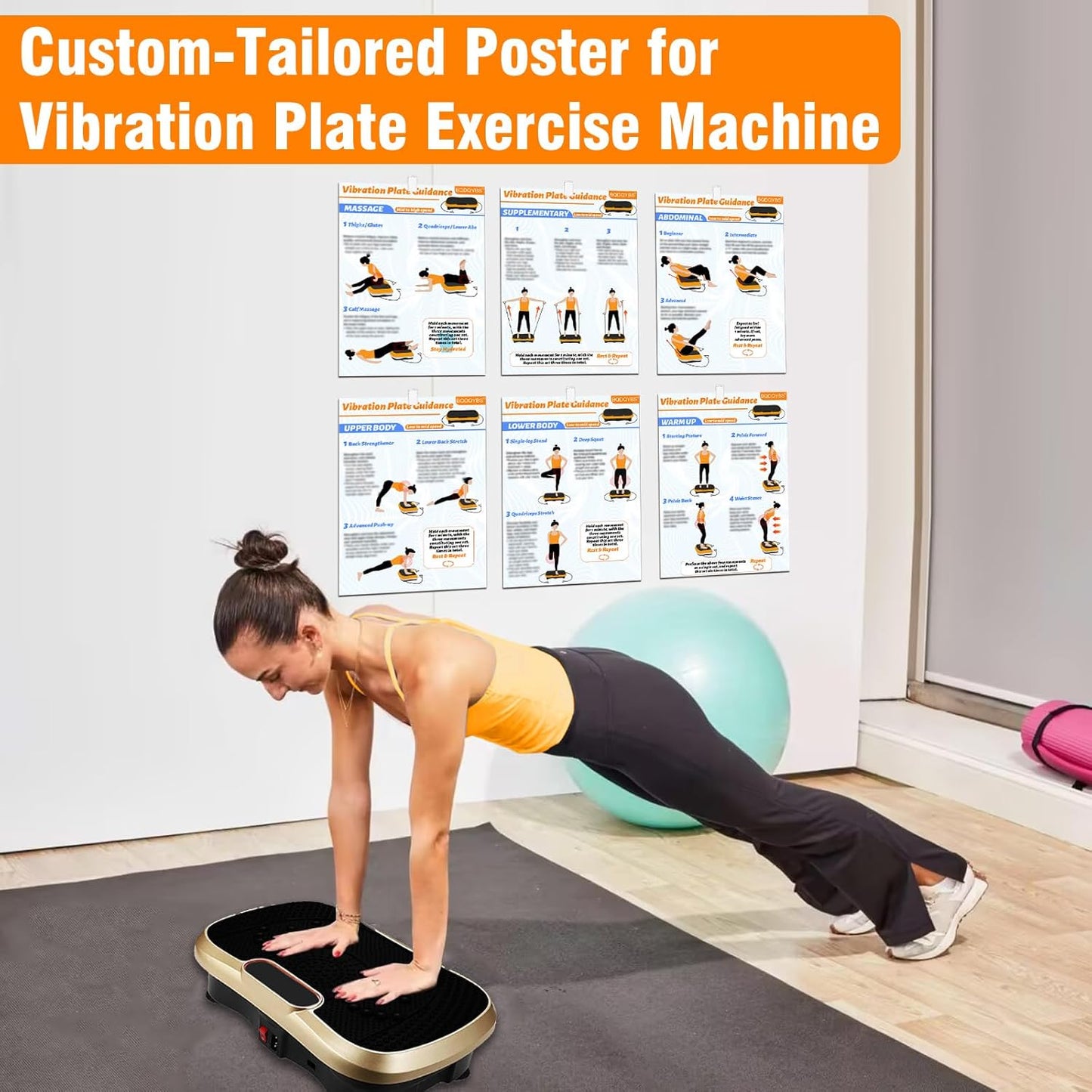 Skiennix Vibration Plate Exercise Machine Poster - 6 Workout Guides & 2 Planner Sheets for Full Body Fitness