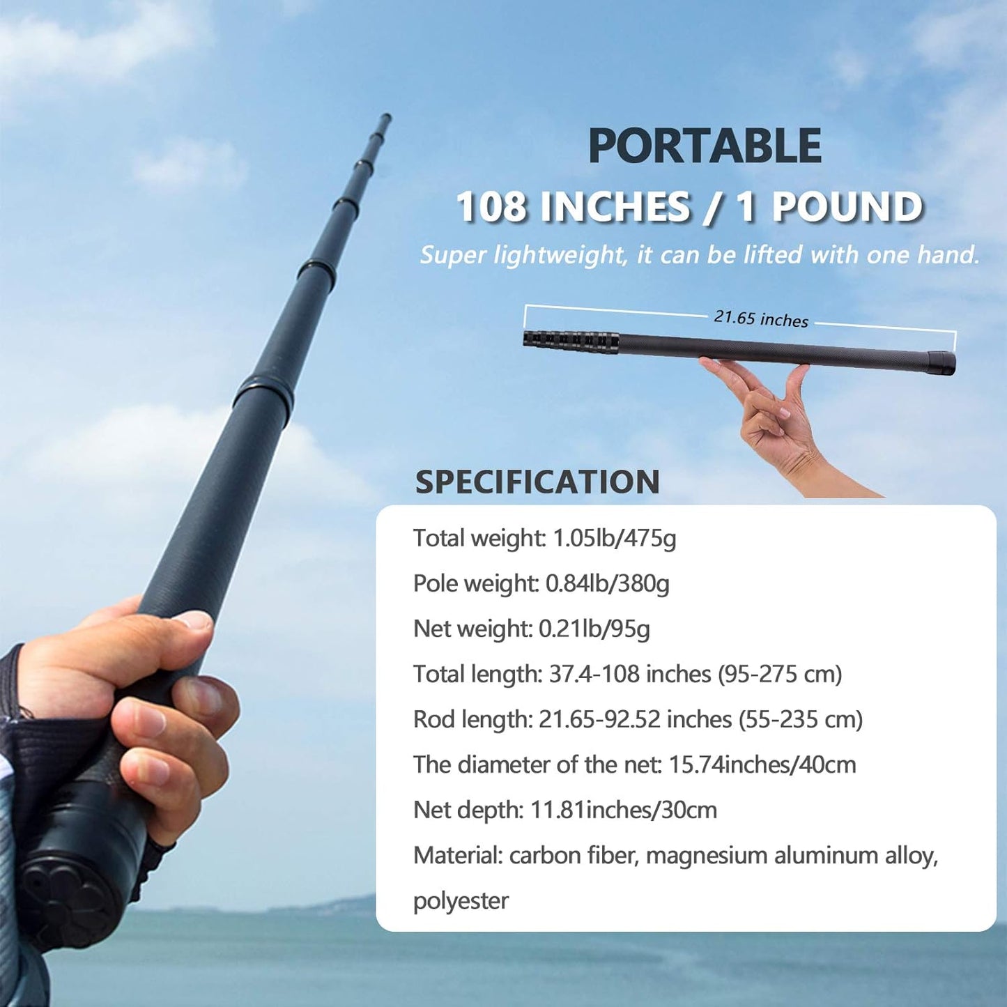 Skiennix Extra Long Fishing Net - Telescoping Carbon Fiber Landing Net | 9ft/11.15ft, Holds Up to 20lbs