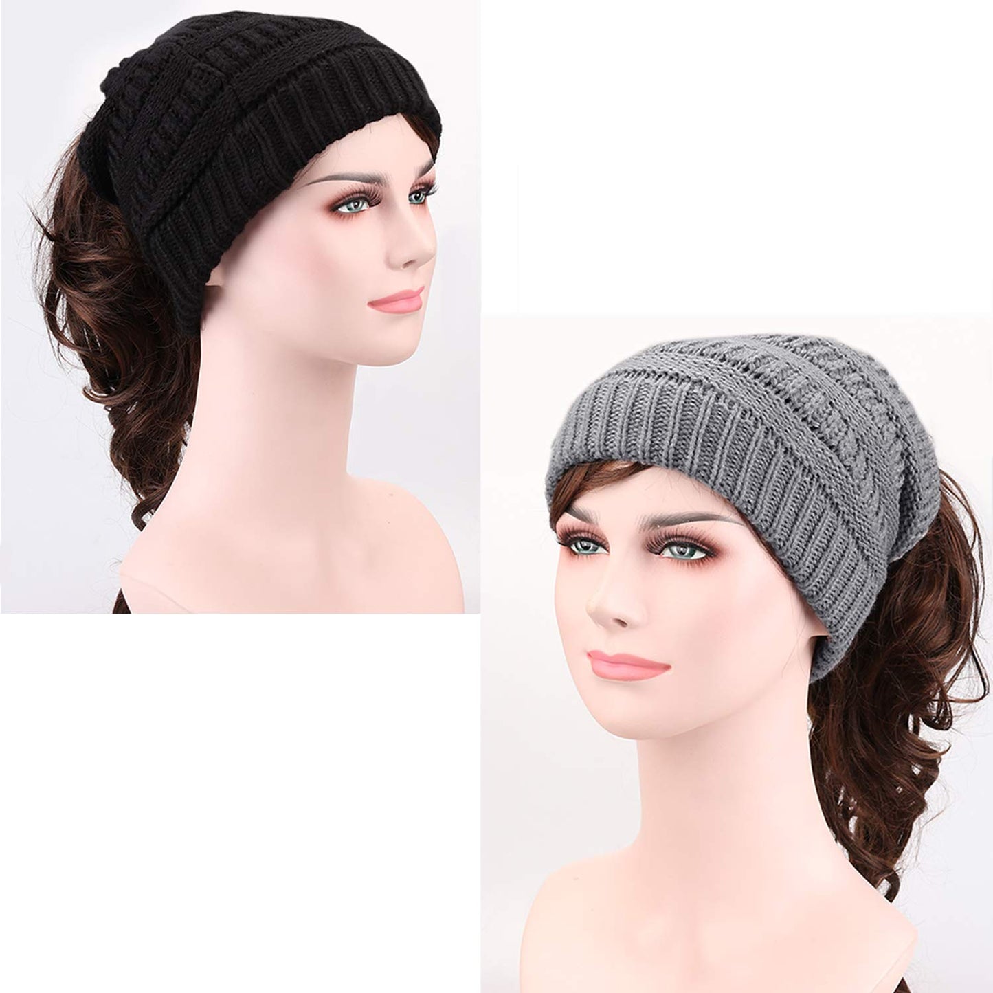 KRATARC Winter Warm Knit Ponytail Hat Beanie Tail Cap for Runner Women Youth Girl (Black & Grey)
