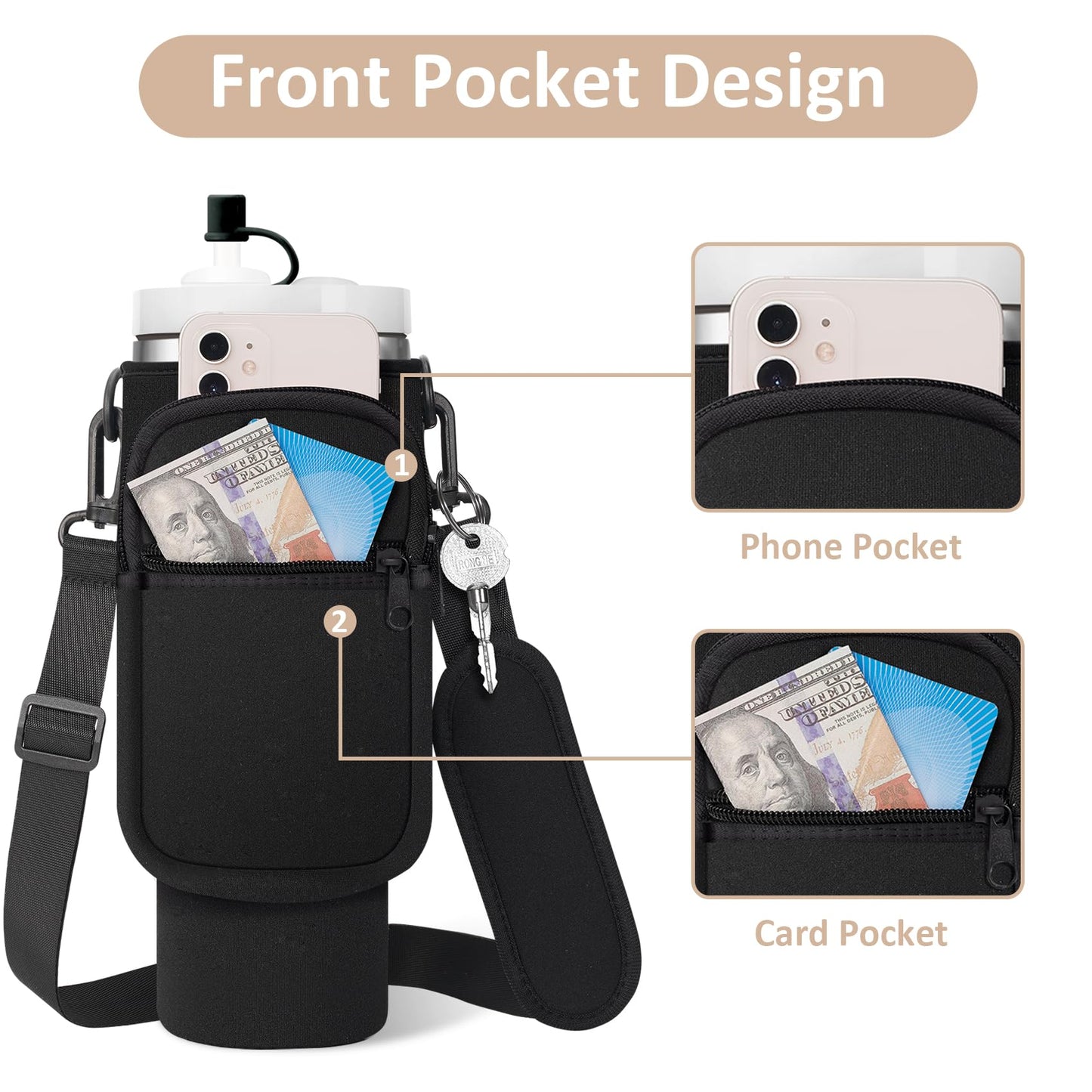 AceTreker Water Bottle Carrier Bag with Strap for Stanley 40/30 oz Tumbler Neoprene Insulated Cup Holder Sleeve with Phone Pocket & Straw Cover for Stanley Cup Accessories