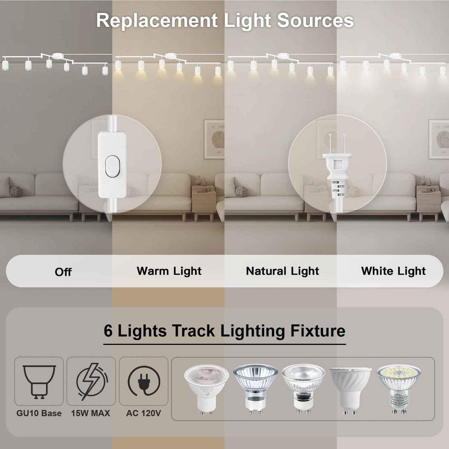 Track Lighting Plug in, LED Track Lighting Fixtures Ceiling Kit, White 6-Light Ceiling Light Plug-in, Wall Light with 14.8ft Power Cord, Rotatable Kitchen Spotlight for Bedroom(GU10 Socket, NO Bulb)