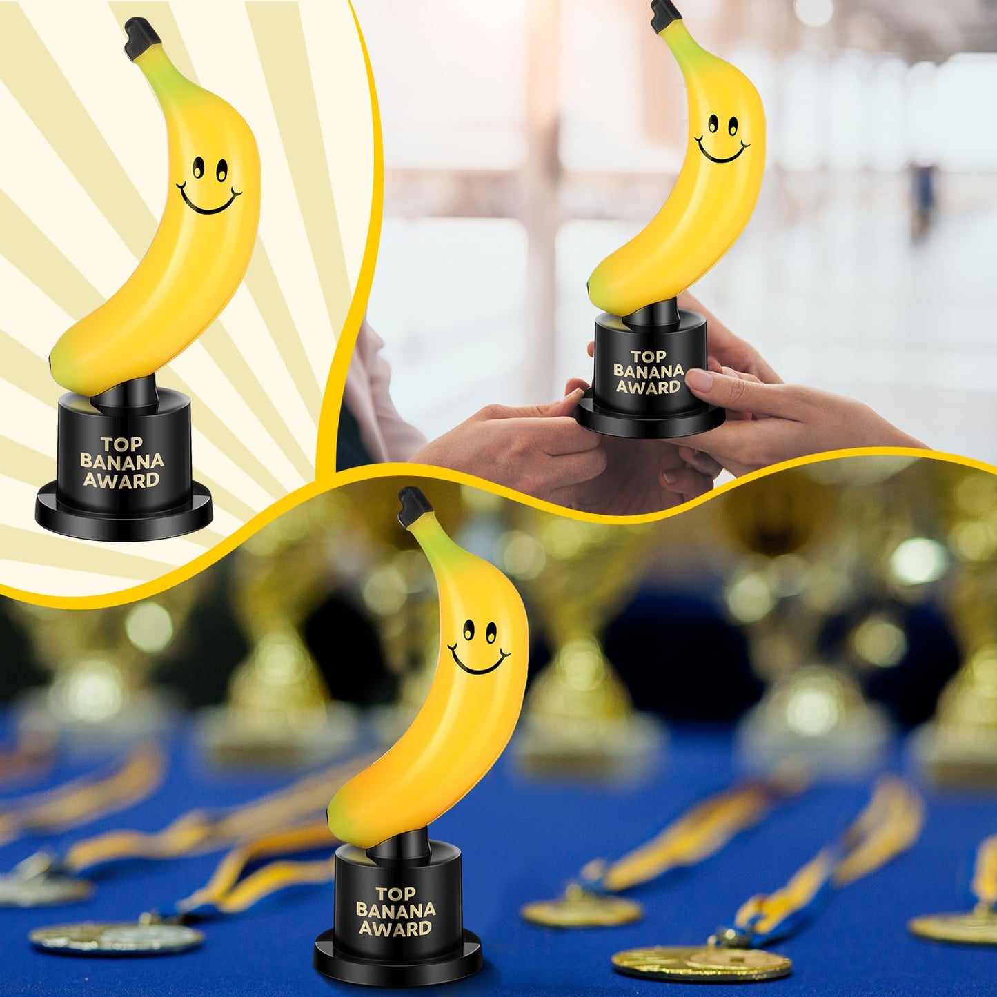 Tondiamo 6 Pcs Top Banana Award Trophy Plastic Cute Fun Award Trophy Smiling Yellow Banana on Black Stand Funny Trophies Gifts