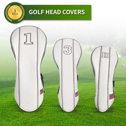 Yueaglesky Golf Club Head Covers - Driver, Fairway #3#5, Hybrid Headgear - USA Flag Design - PU Leather - 3 Piece Set for Men and Women