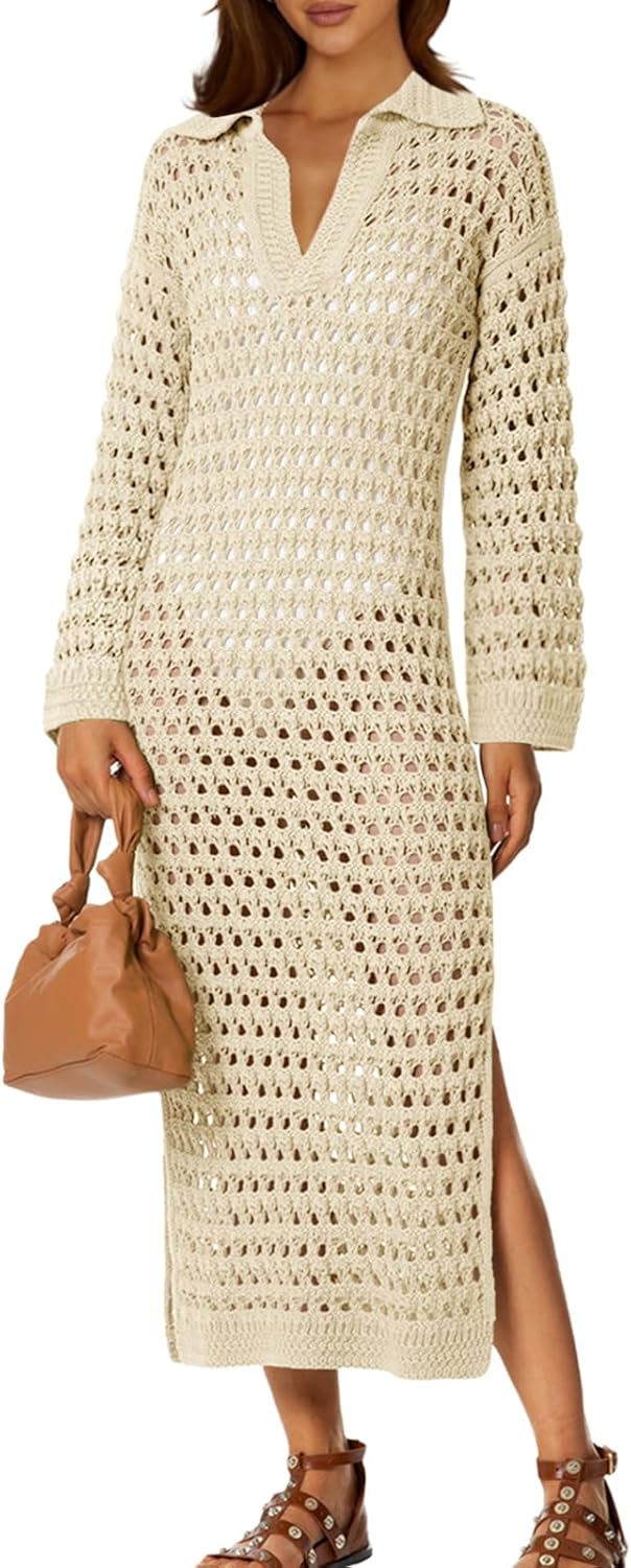 Saodimallsu Women's Crochet Swimsuit Cover-Up - V Neck Long Sleeve Maxi Dress in Mesh Knit