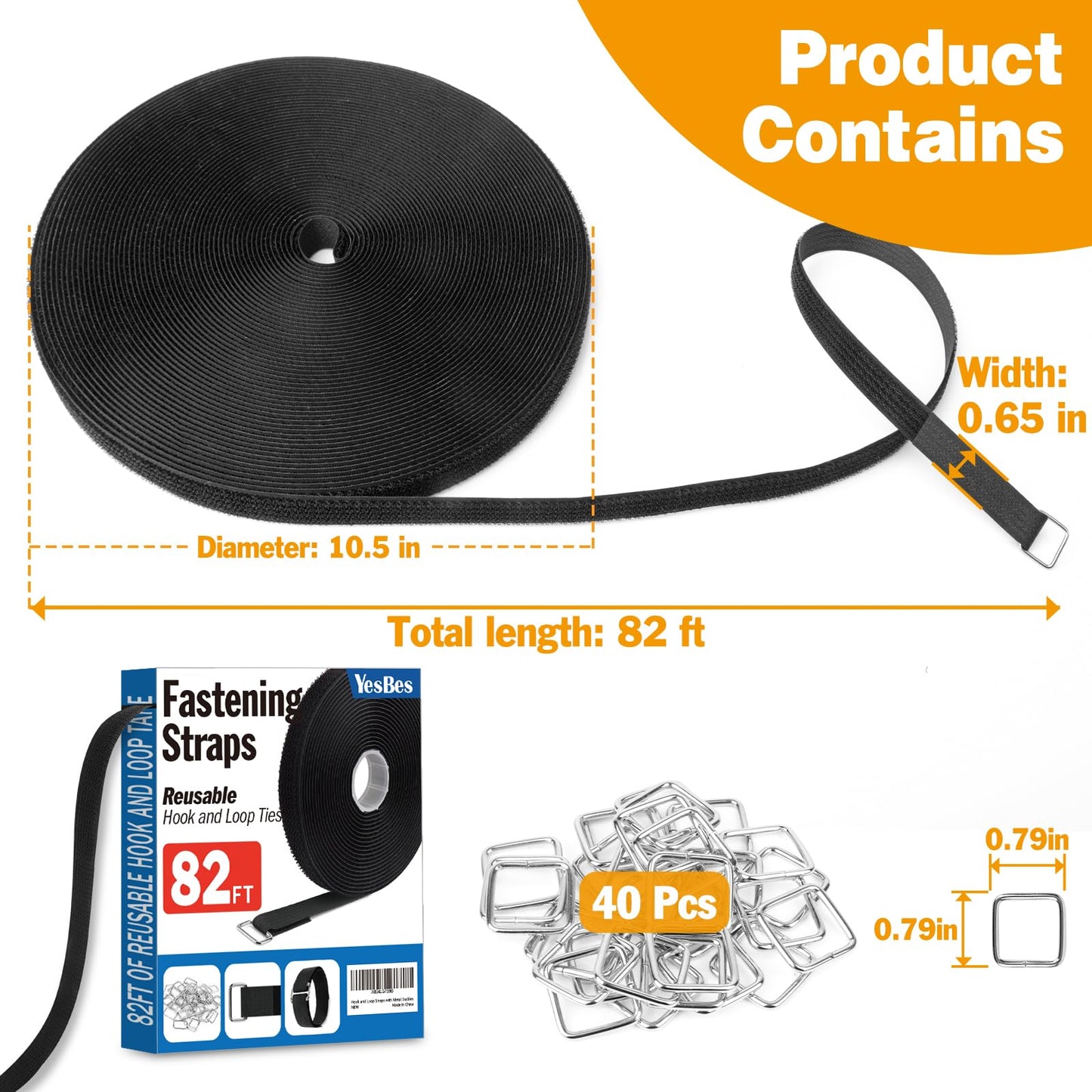 0.65" x82ft Hook and Loop Straps with 40 Metal Buckles, Adjustable Fastening Cinch Straps, Cut to Length Cable Straps, Reusable Nylon Straps 0.65 Inch Wide for Organizer or Storage, Black