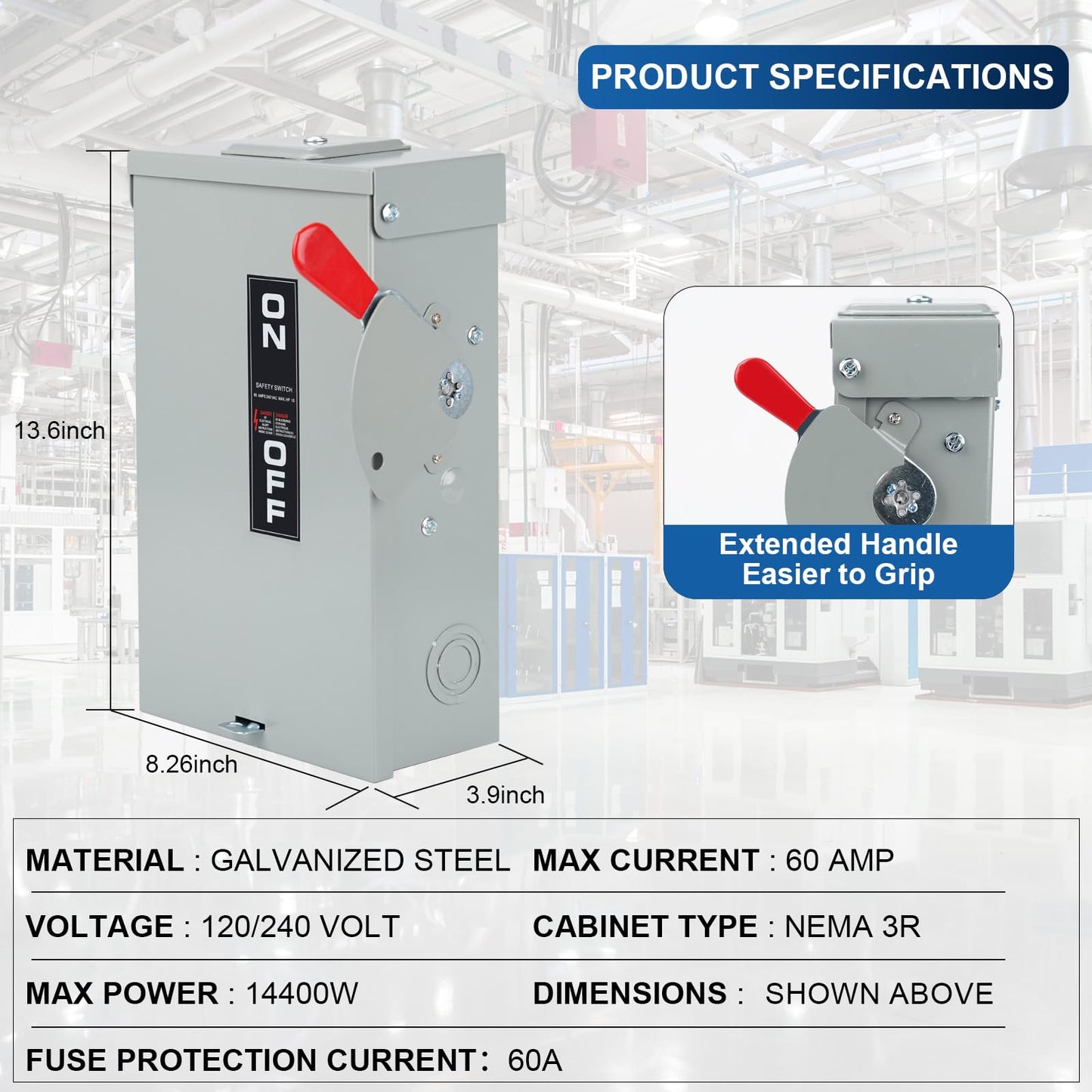 2P 60Amp 110/240V 2 Wire Fusible Heavy Duty Safety Switches，Ac Disconnect Switches Box，Quick Disconnect Safety Switch，Equipped with Fuses