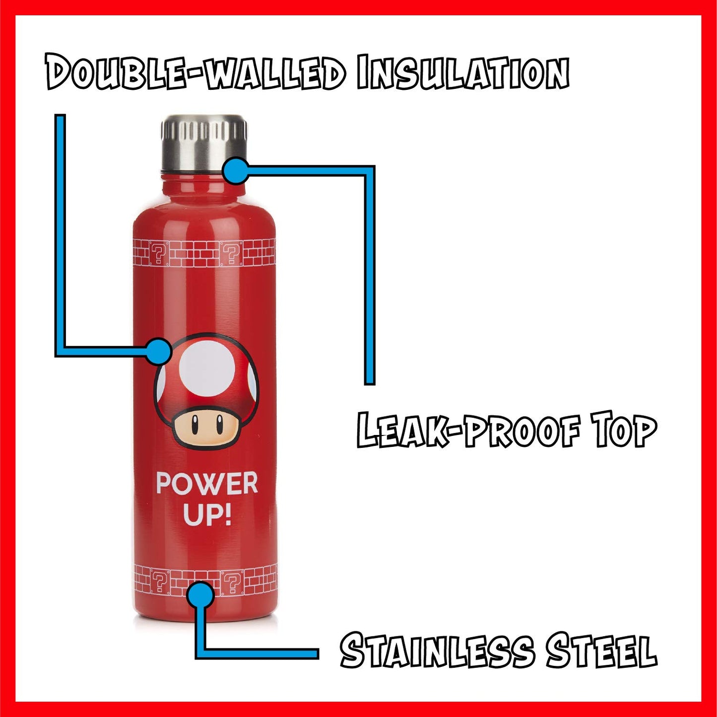 Paladone Super Mario Power Up Water Bottle - Spill & Leak Proof Lid Design - 500 ml