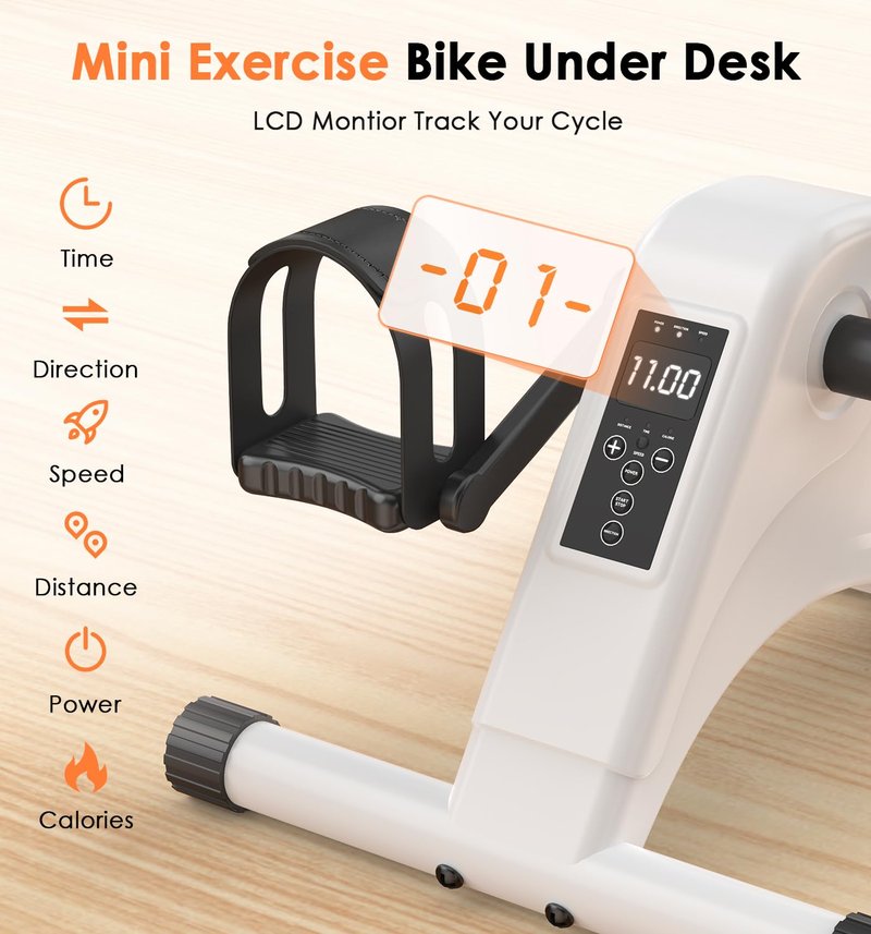 12-Levels Mini Exercise Bike Under Desk with LCD Display, Quiet Electric Bidirectional Bicycle Pedals for Home for Seniors, Stationary Bike Under Desk for Leg & Arm Physical Therapy Exerciser (White)