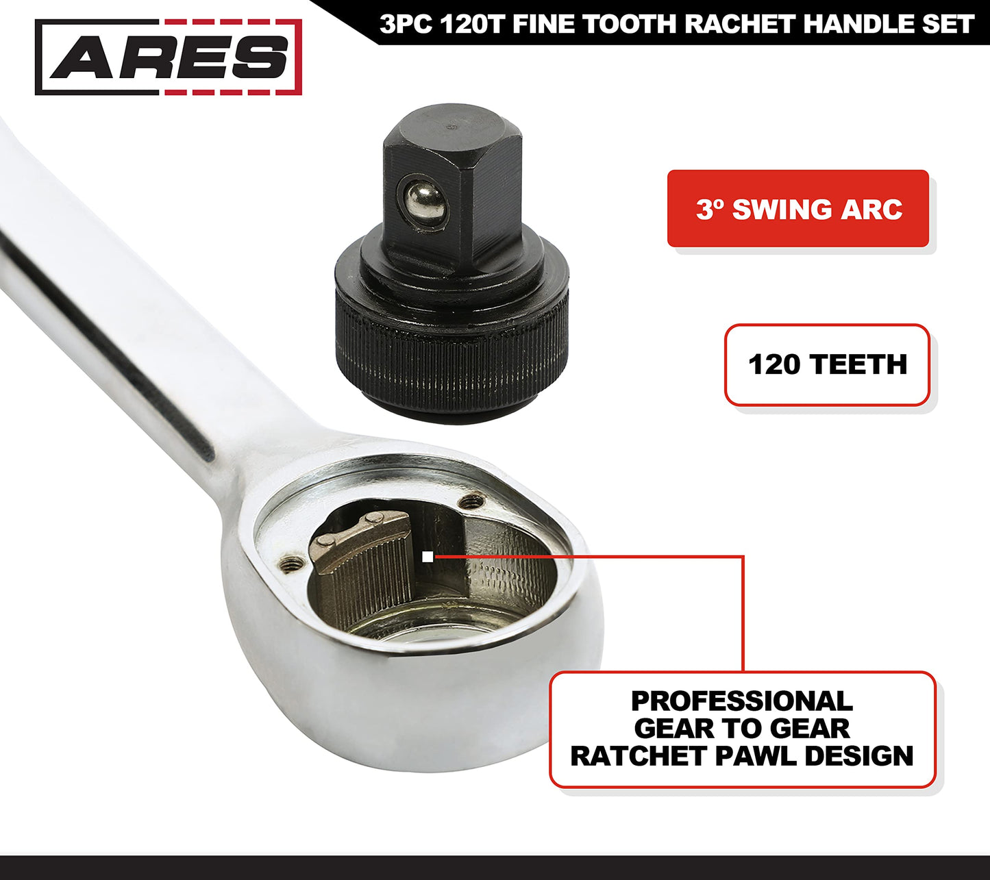 ARES 42067 – 120 Tooth Ratchet Set – 1/4-Inch, 3/8-Inch, and 1/2-Inch Drive - 3 Degree Swing Arc – Reversible Ratcheting Mechanism - Ergonomic Handle and Professional Gear Structure