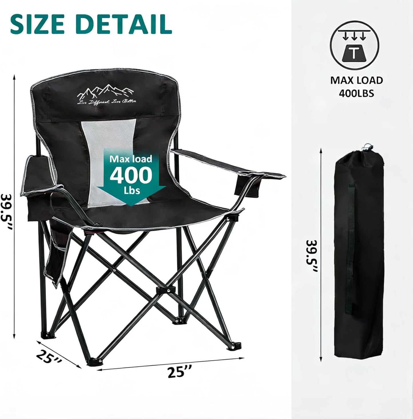 Skiennix Outdoor Folding Camping Chair - Breathable Mesh, 400lbs Capacity, Includes Cup Holder & Storage Bag | Black