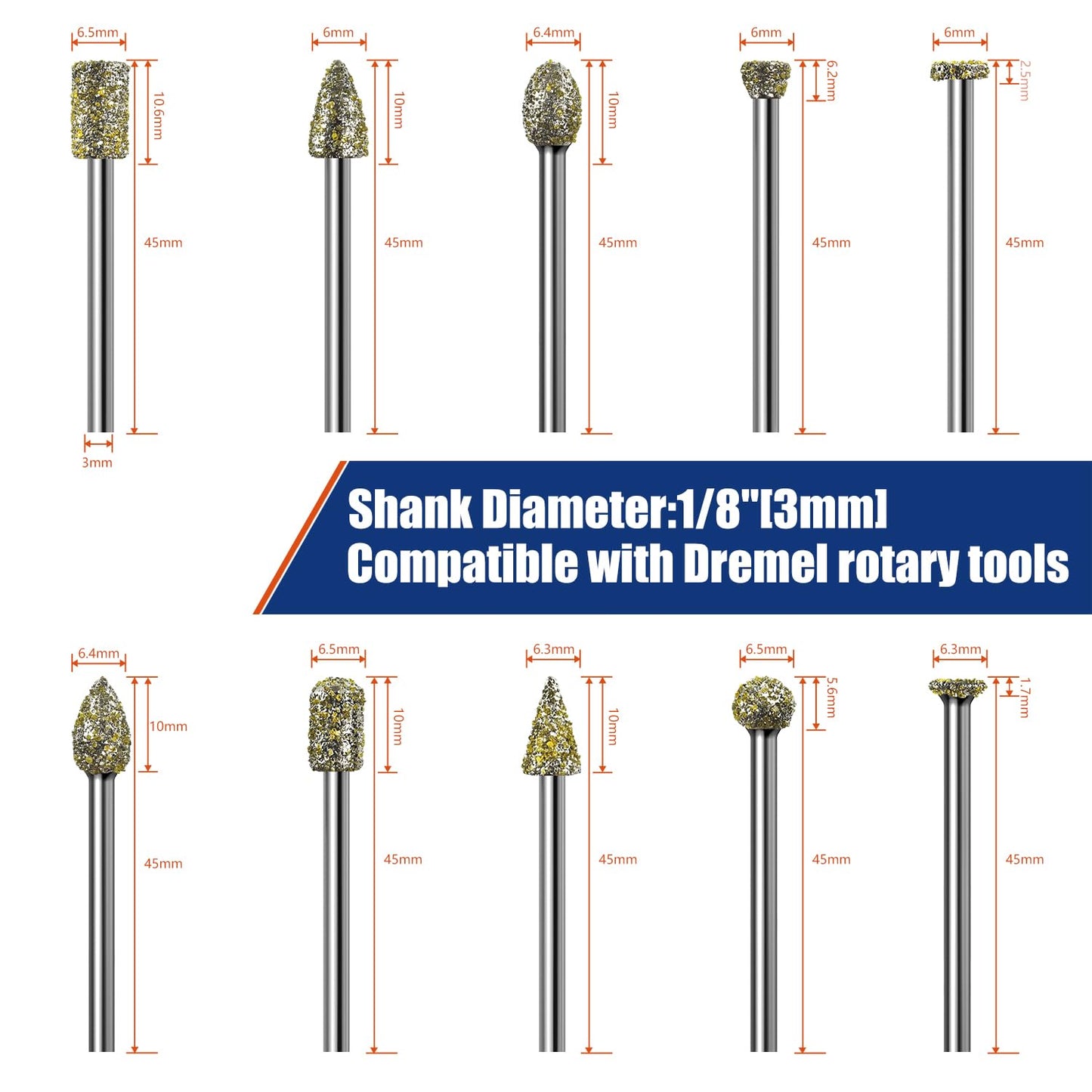 20Pcs 46-Grit Diamond Grinder Bits for Dremel Tool Accessories, 1/8" Shank, Rotary Tool Bits for Stone Glass Resin Porcelain Ceramic Dog Nail Glaze Metal Carve Engrave Polish