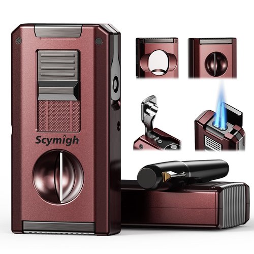 5-in-1 Torch Lighter with Straight & V Cut Cutter, Punch, Holder, Double Jet Flame Windproof Lighters, Butane Refillable Torch Lighters with Accessories Tool, for Men, Candles(Without Gas)
